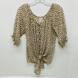 Mauve Brand Animal Print Top Medium Button Tie Front Sheer Romantic Dainty READ
